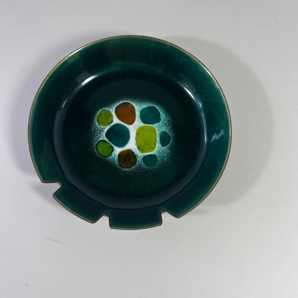 Handcrafted MCM Bovano Copper Enamel Ashtray Stones In Ocean Design Green Exc